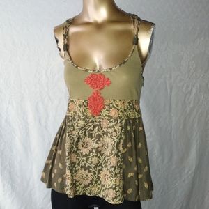 Free People festival green cotton rib beaded emoire tank top sz L